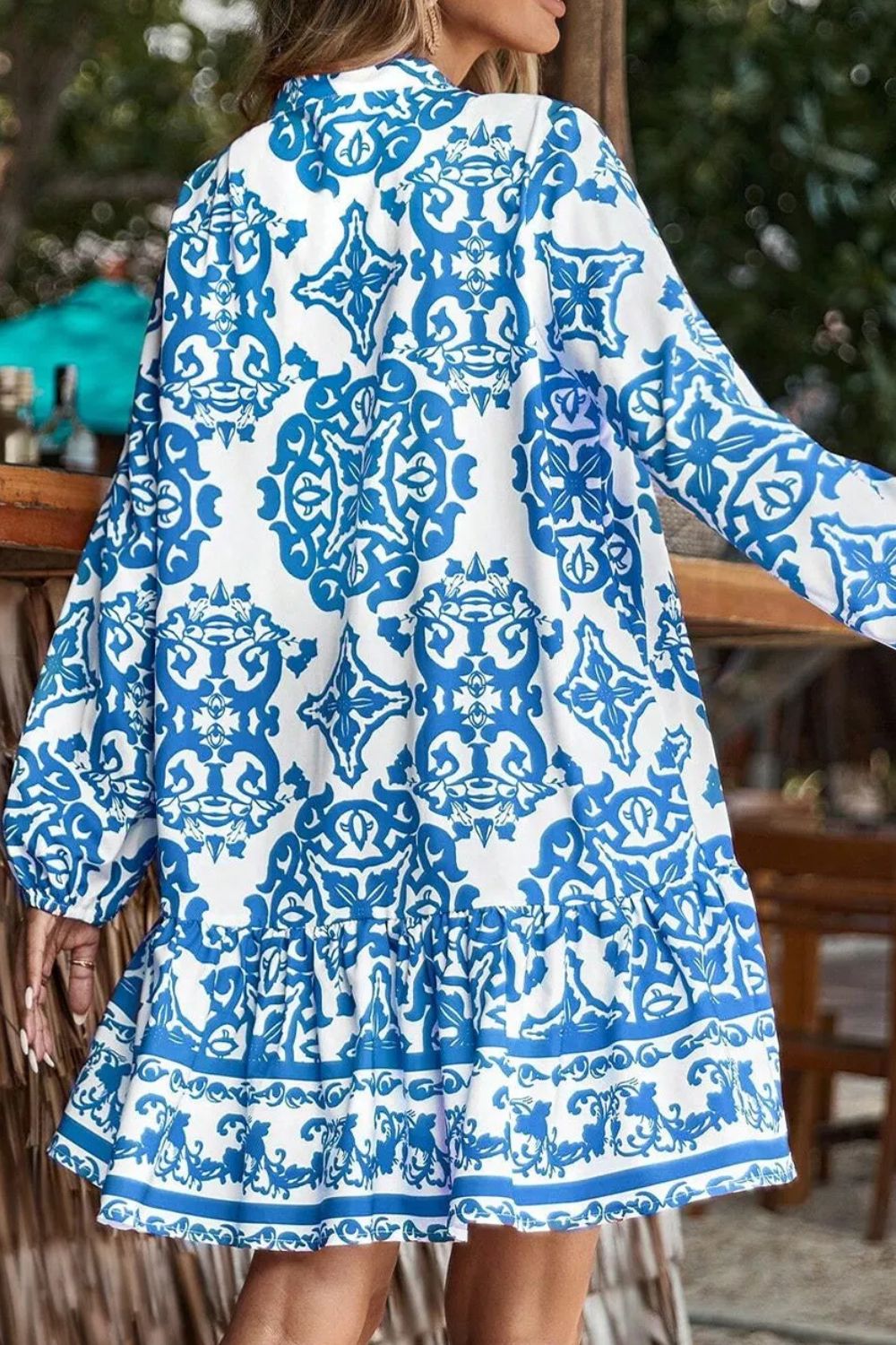 Ruffled Printed Notched Long Sleeve Dress - Classique Collection