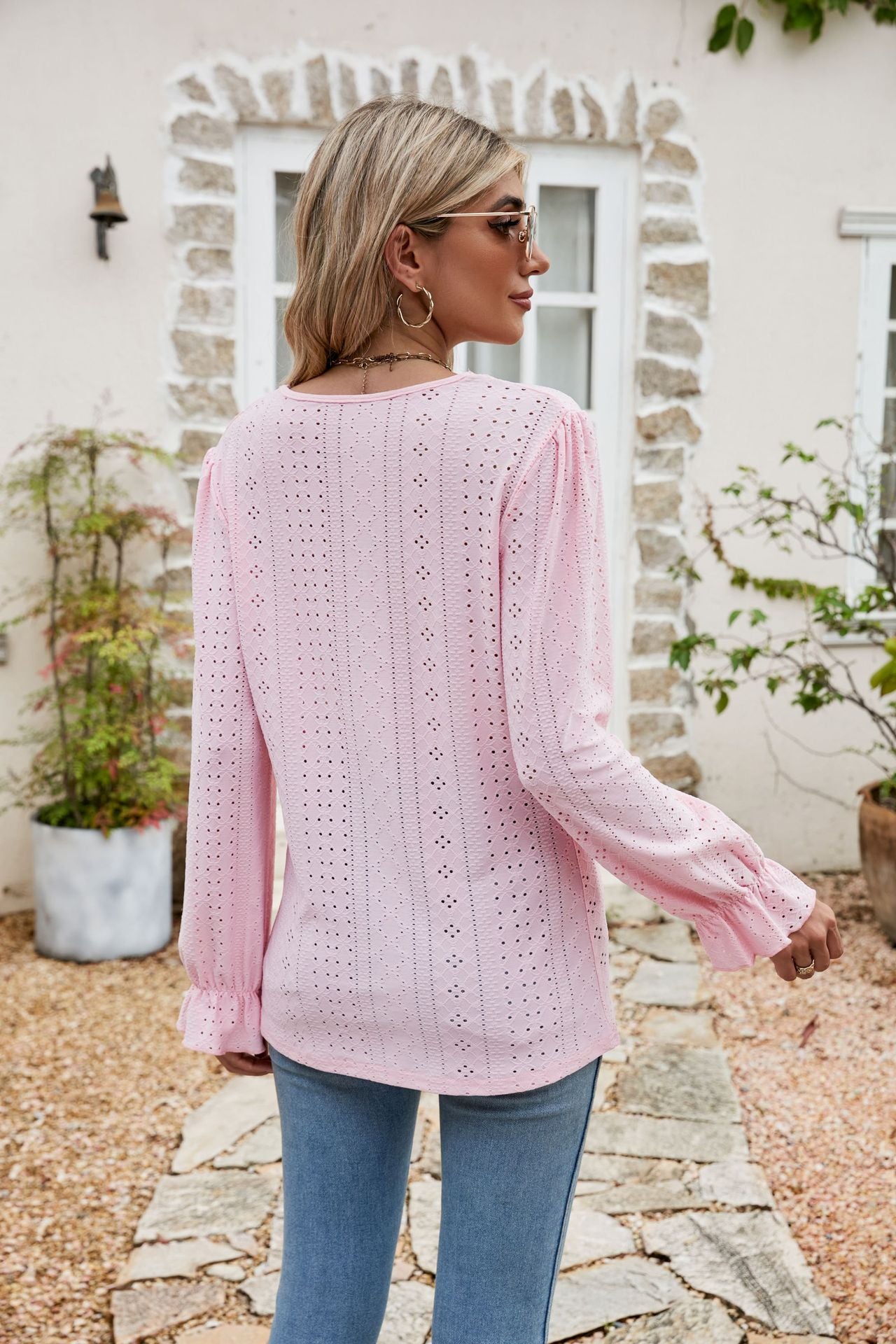 Eyelet Lace Trim Flounce Sleeve Blouse - Classique Collection