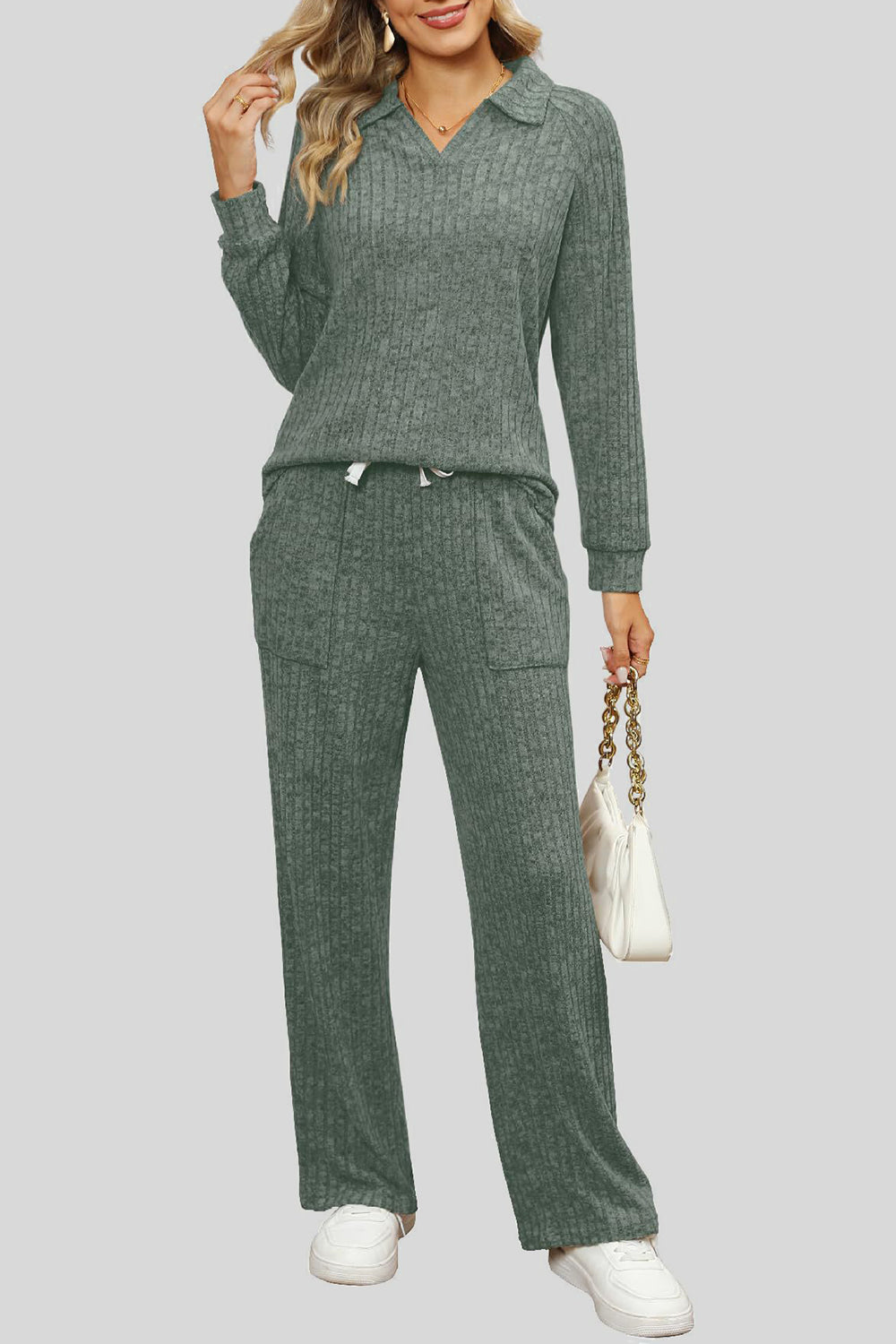 Ribbed Long Sleeve Top and Pocketed Pants Set - ClassiQ