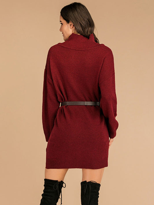 Perfee Slit Turtleneck Long Sleeve Mini Sweater Dress - Classique Collection