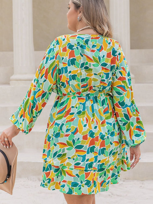 Plus Size Printed Surplice Long Sleeve Mini Dress - Classique Collection