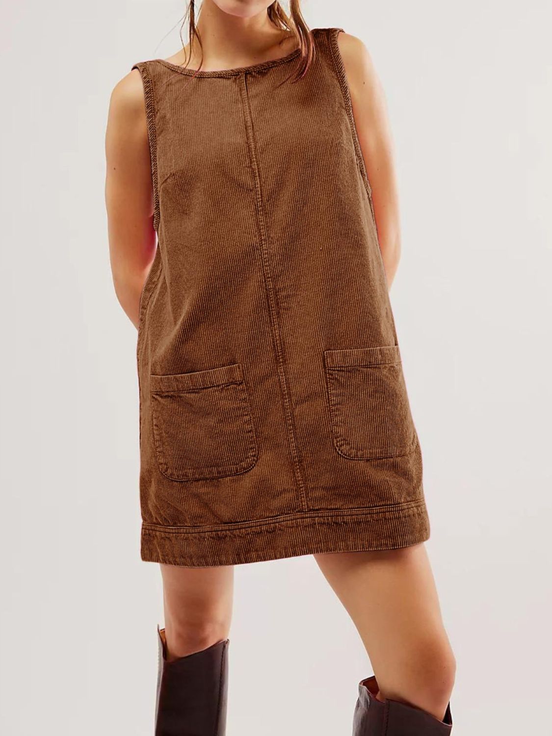 Mandy Round Neck Wide Strap Mini Dress with Pockets - Classique Collection