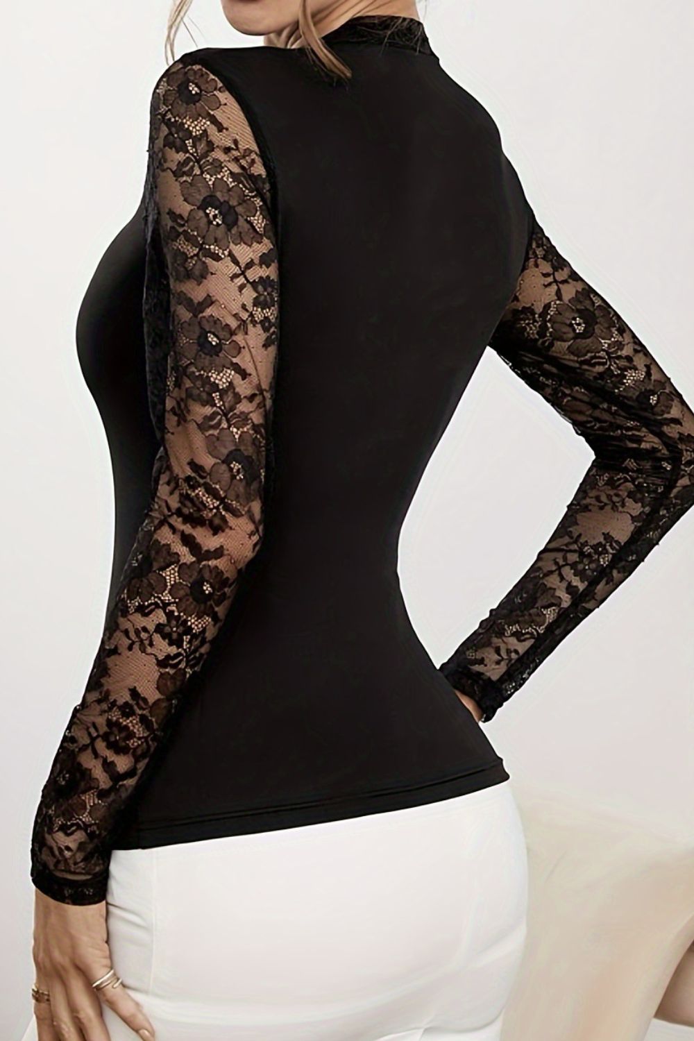 Lace Patchwork Mock Neck Long Sleeve Blouse - Classique Collection