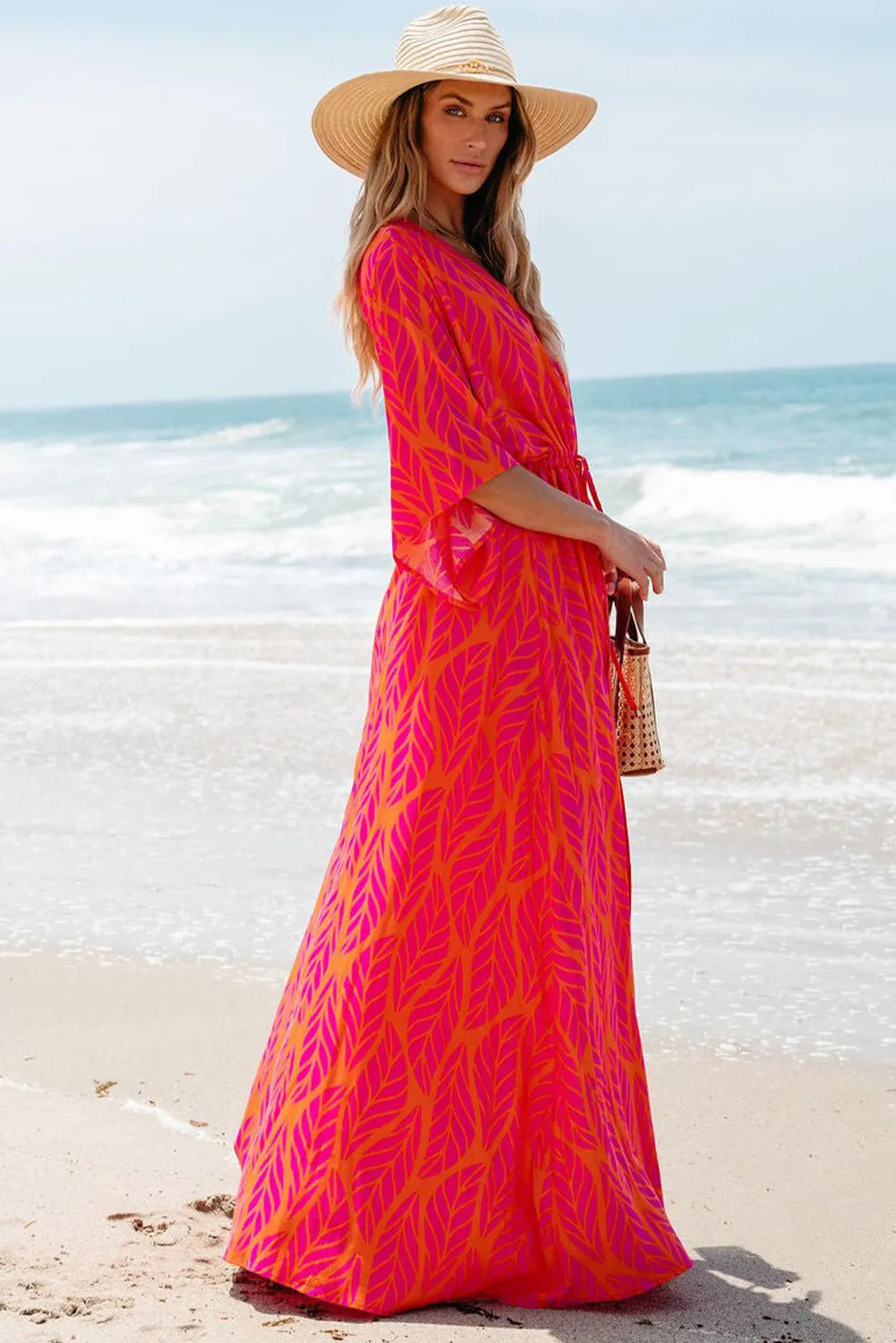 Drawstring Printed V-Neck Maxi Dress - Classique Collection