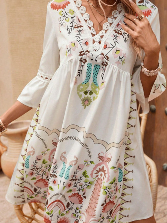 Lace Detail Printed Three-Quarter Sleeve Dress - Classique Collection