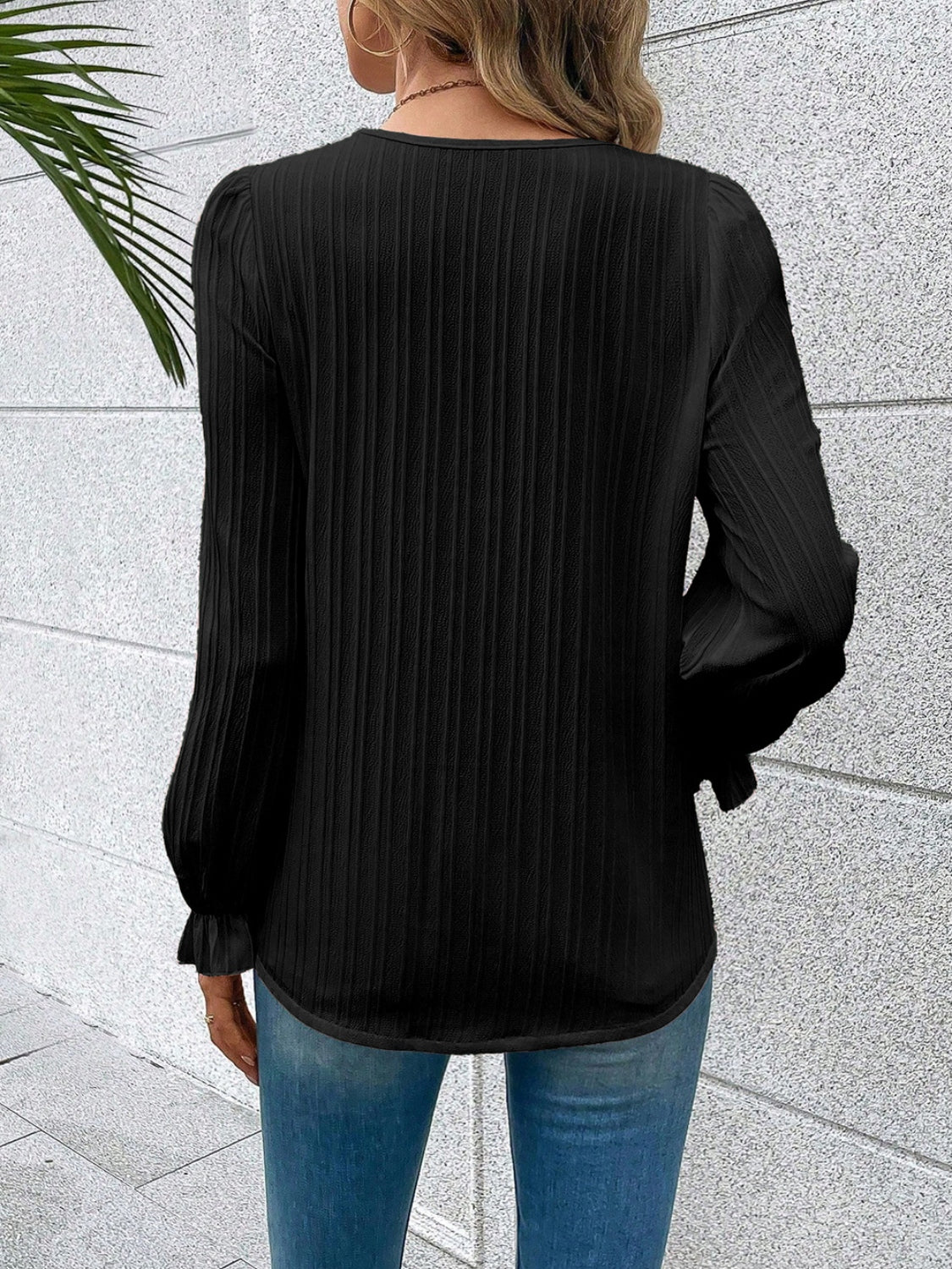 V-Neck Lace Detail Flounce Sleeve Blouse - Classique Collection