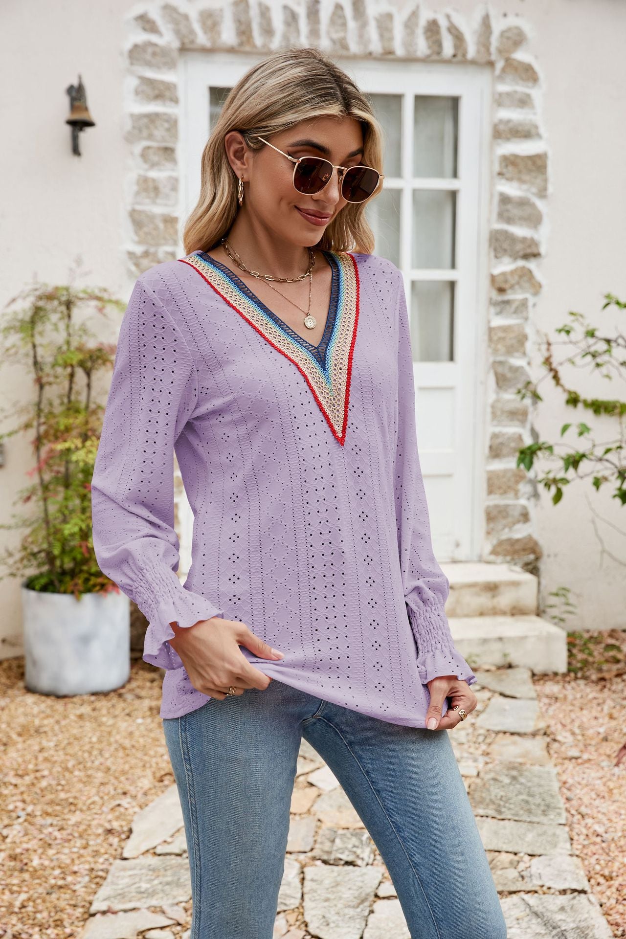 Eyelet Flounce Sleeve V-Neck Blouse - Classique Collection
