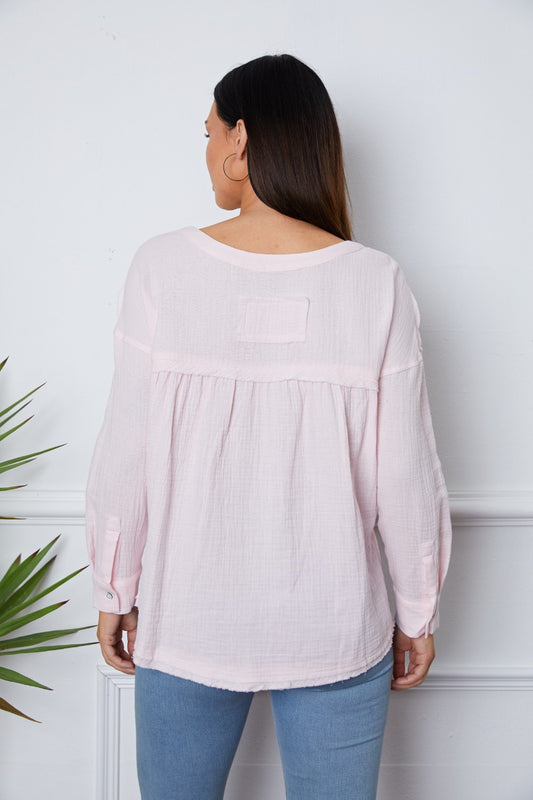 Texture Half Button Raw Hem Top - ClassiQ
