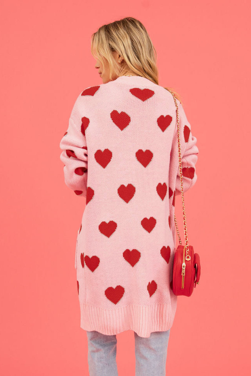 Heart Graphic Open Front Cardigan with Pockets - ClassiQ