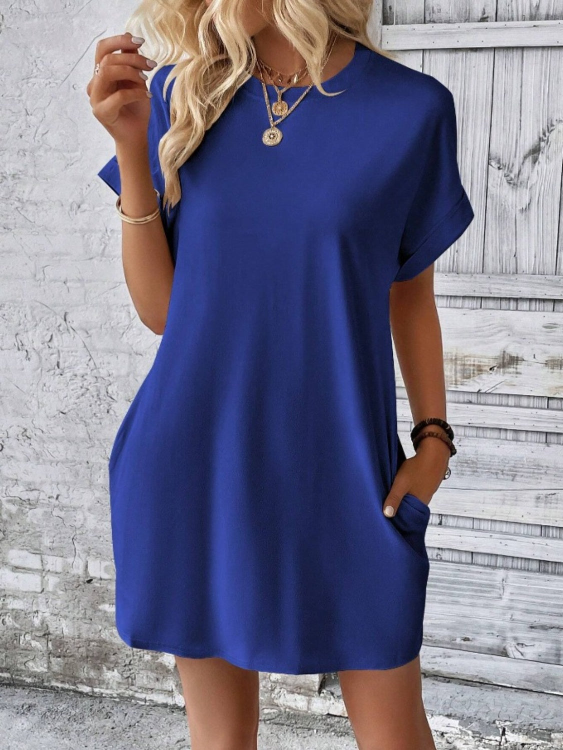 Pocketed Round Neck Short Sleeve Dress - Classique Collection