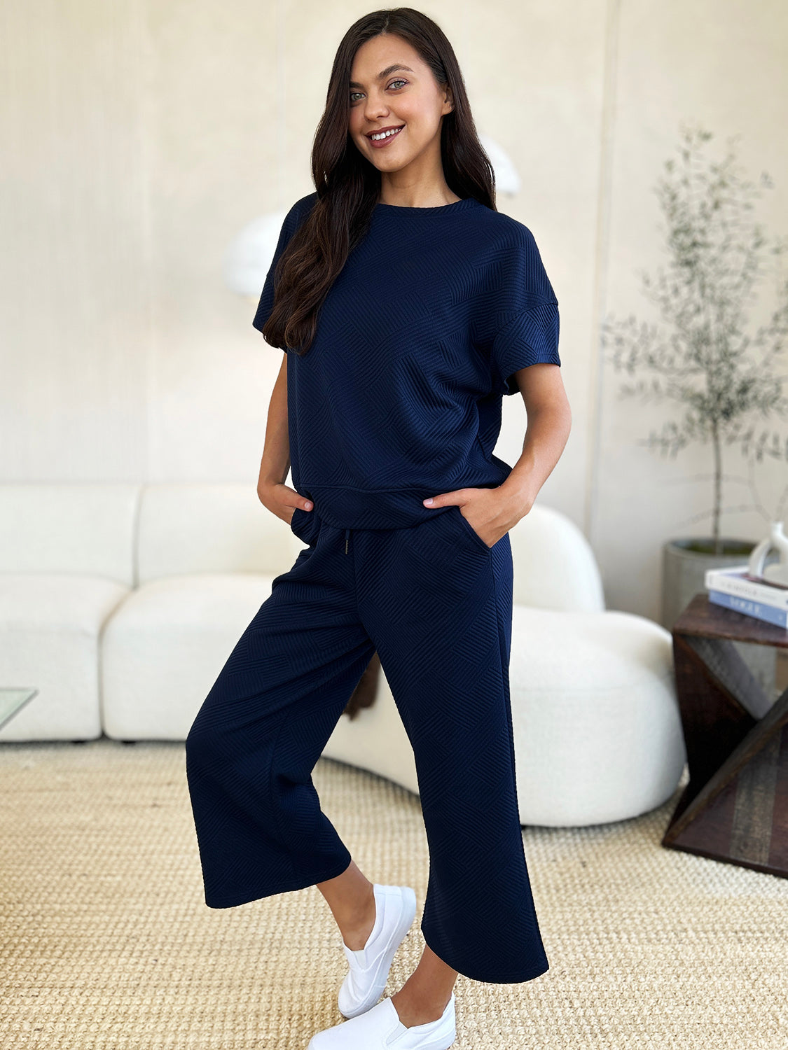 Double Take Full Size Texture Short Sleeve Top and Pants Set - ClassiQ