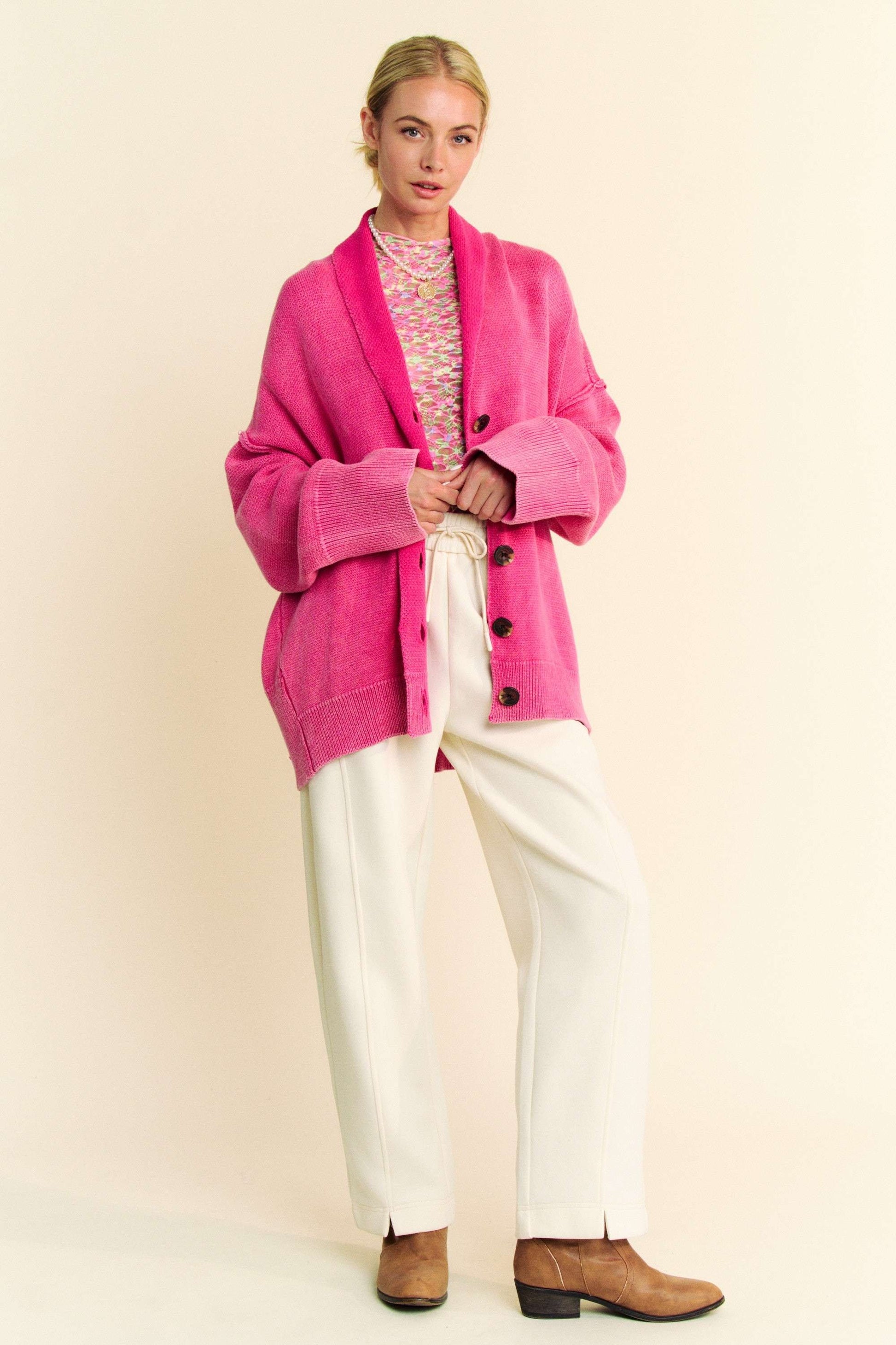 Davi & Dani Shawl Collar Ribbed Detail Button Up Cardigan - Classique Collection