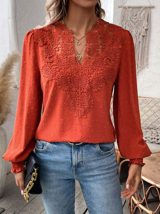 Swiss Dot Lace Detail Notched Long Sleeve Blouse - Classique Collection
