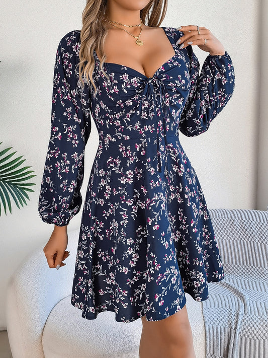 Printed Sweetheart Neck Balloon Sleeve Mini Dress - Classique Collection