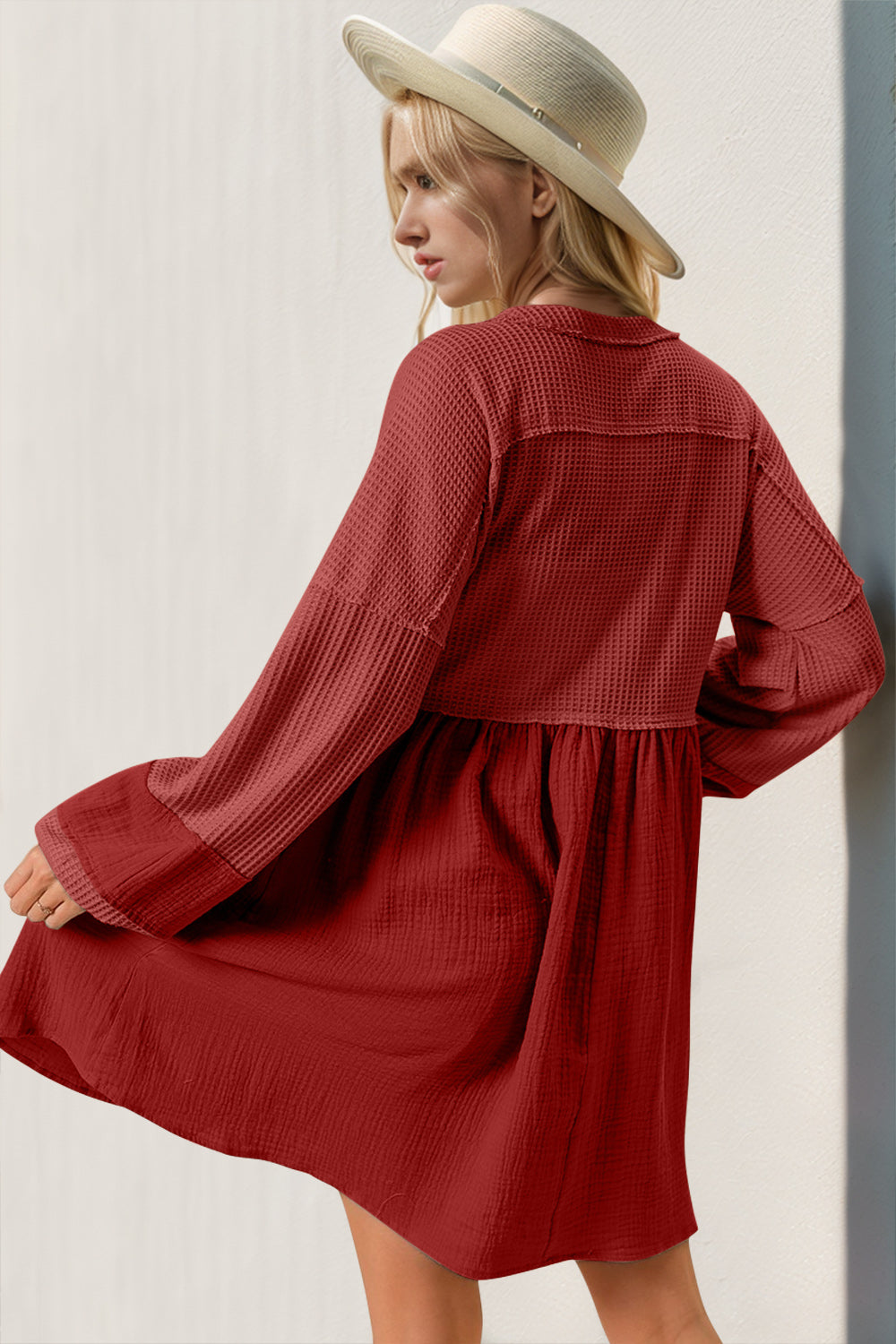 Double Take Waffle-Knit Contrast Half Button V-Neck Long Sleeve Mini Dress - Classique Collection