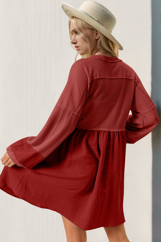 Double Take Waffle-Knit Contrast Half Button V-Neck Long Sleeve Mini Dress - Classique Collection