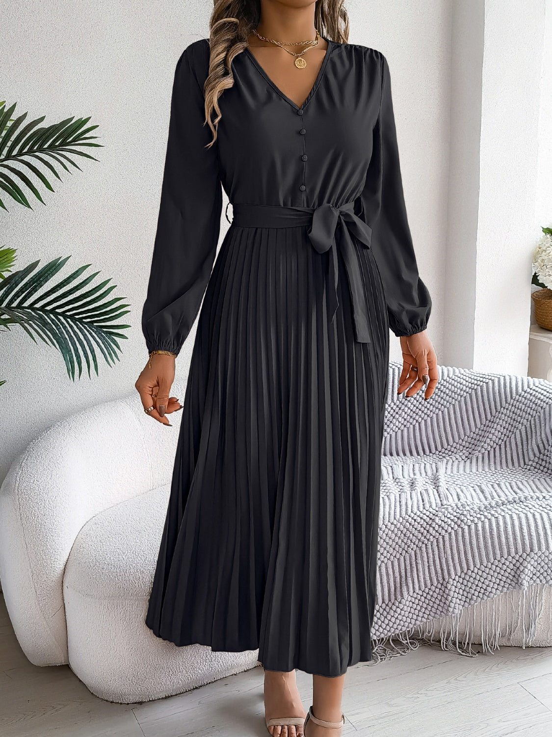 Pleated Tied V-Neck Long Sleeve Dress - Classique Collection
