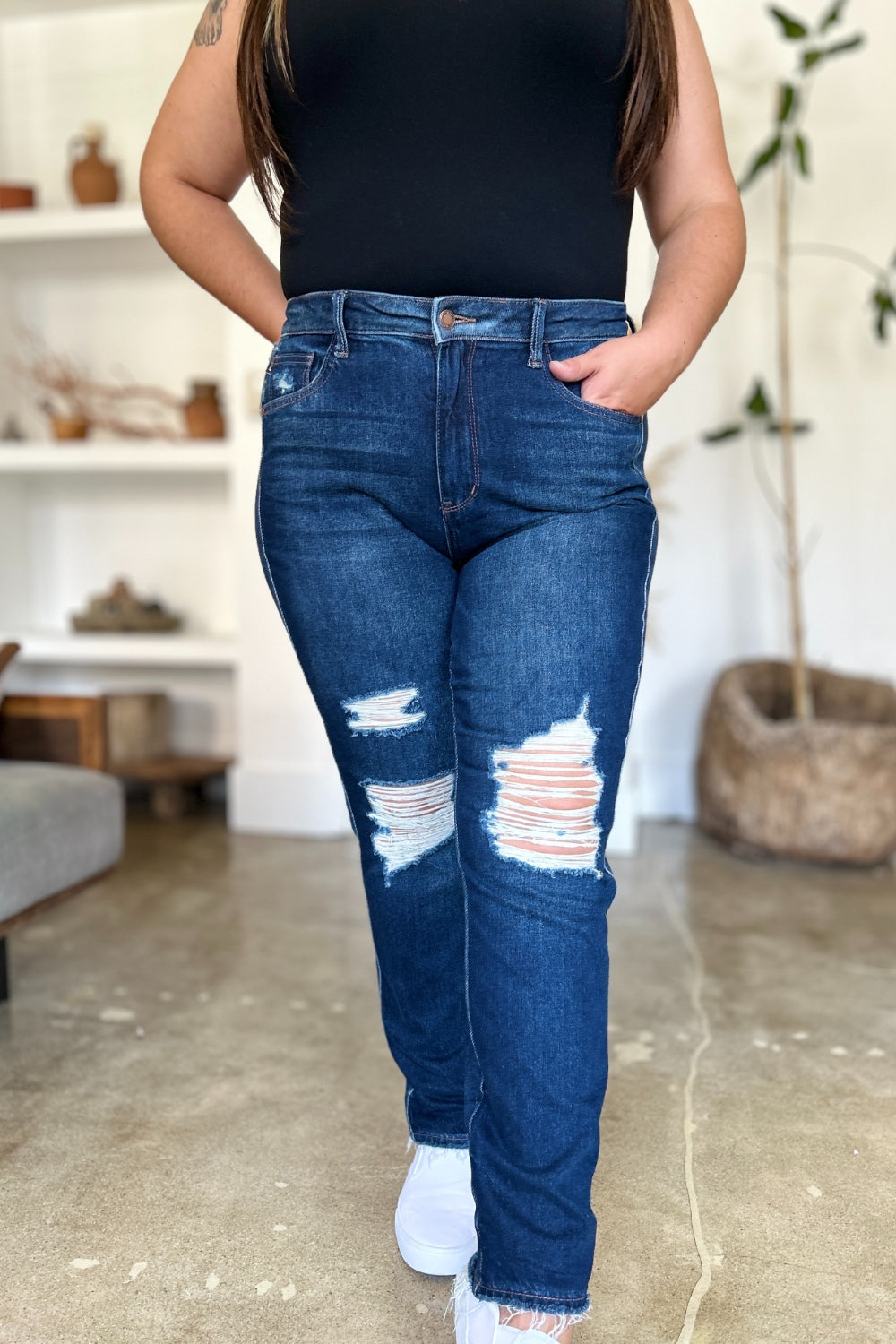 Judy Blue Full Size High Waist Rigid Magic Heavy Destroy Straight Jeans - Classique Collection