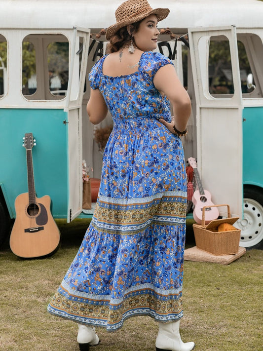 Plus Size Smocked Printed Cap Sleeve Dress - Classique Collection