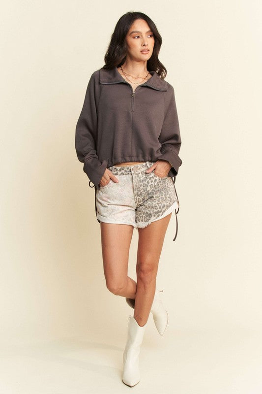 Davi & Dani Drawstring Hem Half Zip Raglan Sleeve Sweatshirt - Classique Collection