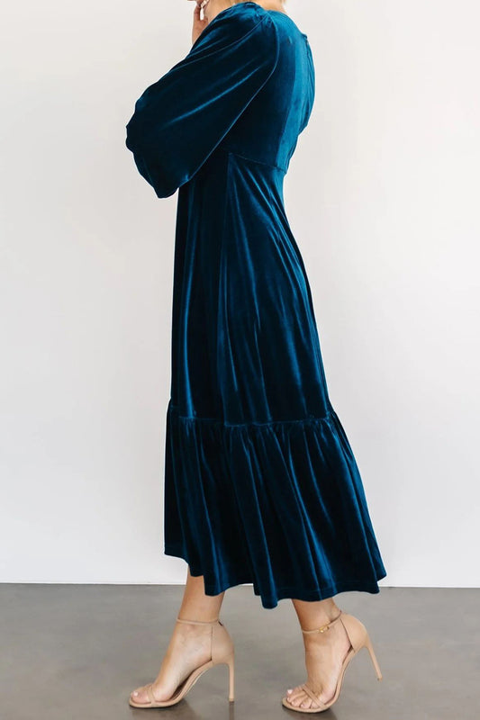 V-Neck Long Sleeve Midi Velvet Dress - Classique Collection