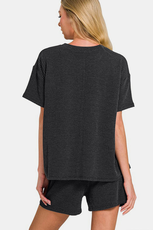 Zenana Rib Short Sleeve T-Shirt and Shorts Set - ClassiQ