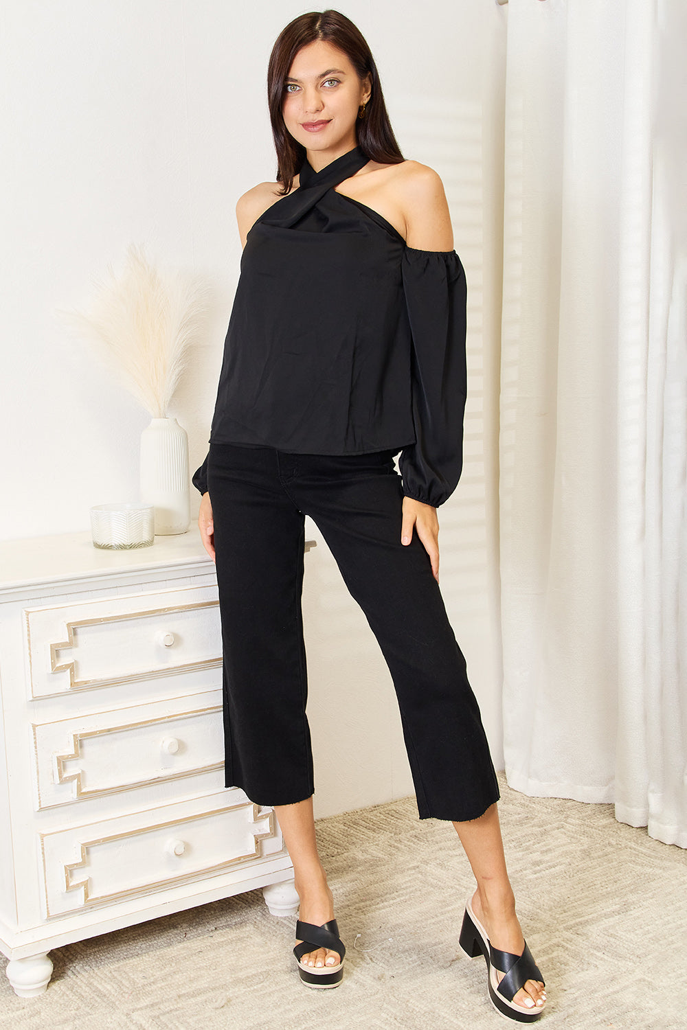 Perfee Grecian Cold Shoulder Long Sleeve Blouse - ClassiQ