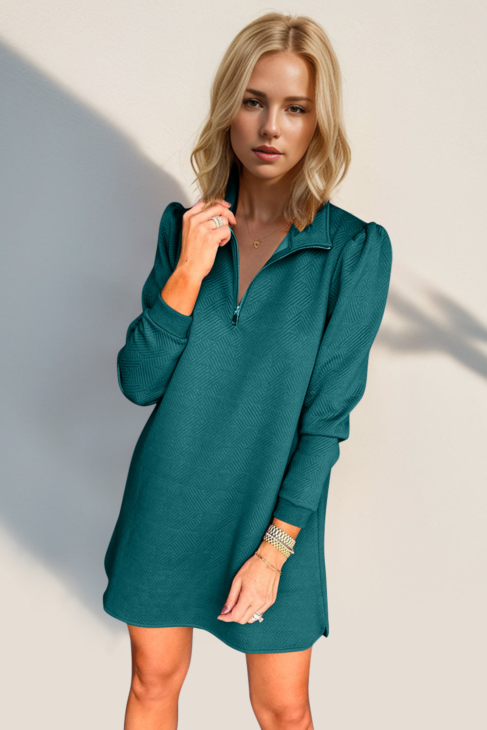 Double Take Textured Quarter Zip Long Sleeve Dress - Classique Collection