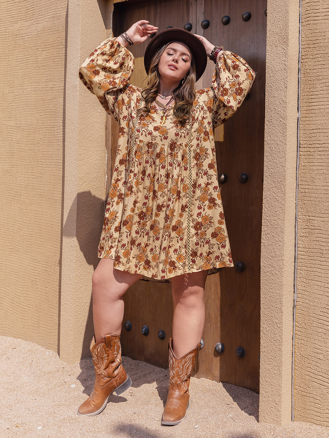 Plus Size Printed V-Neck Balloon Sleeve Mini Dress - Classique Collection