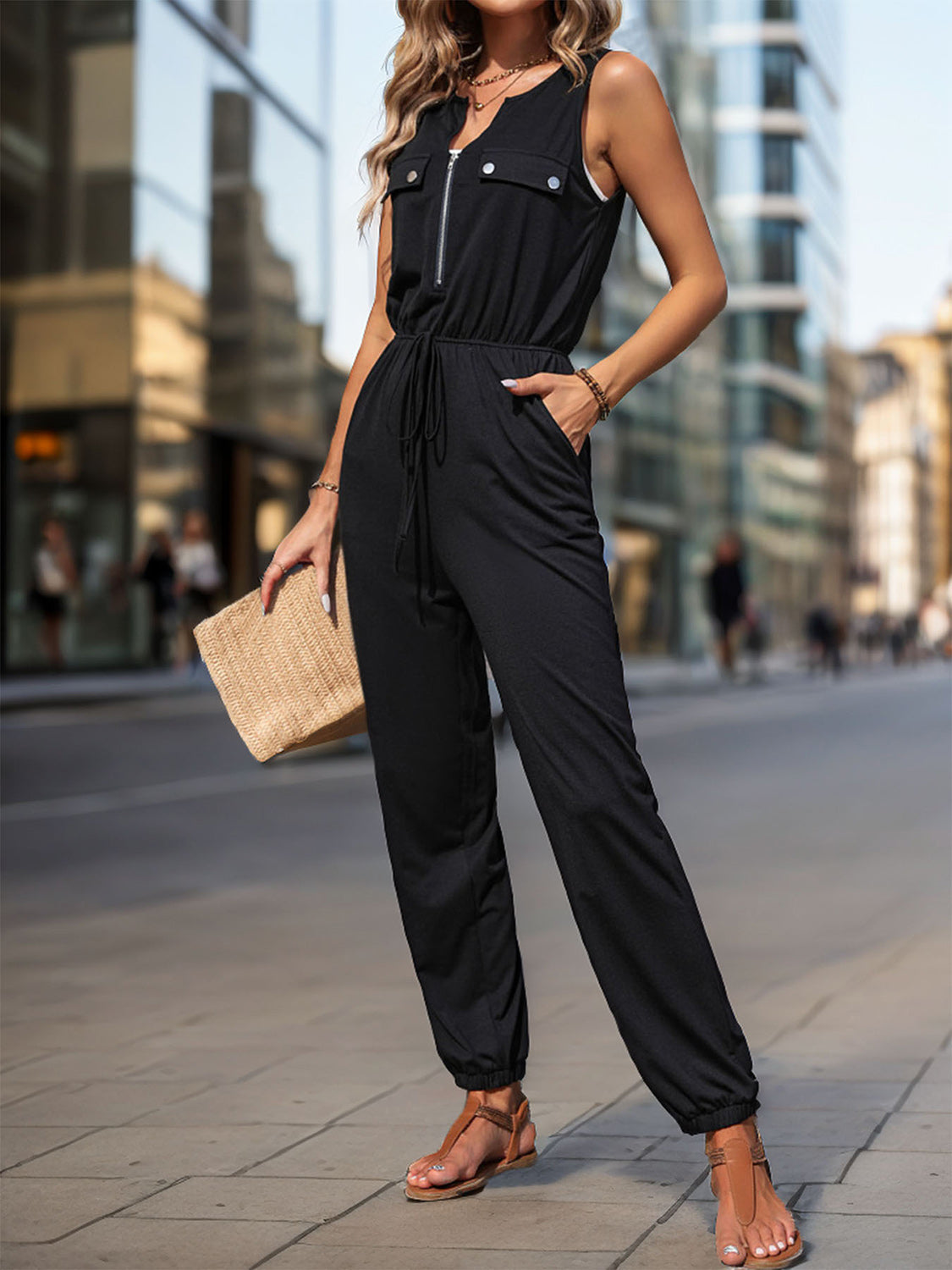 Perfee Half Zip Sleeveless Jumpsuit with Pockets - ClassiQ