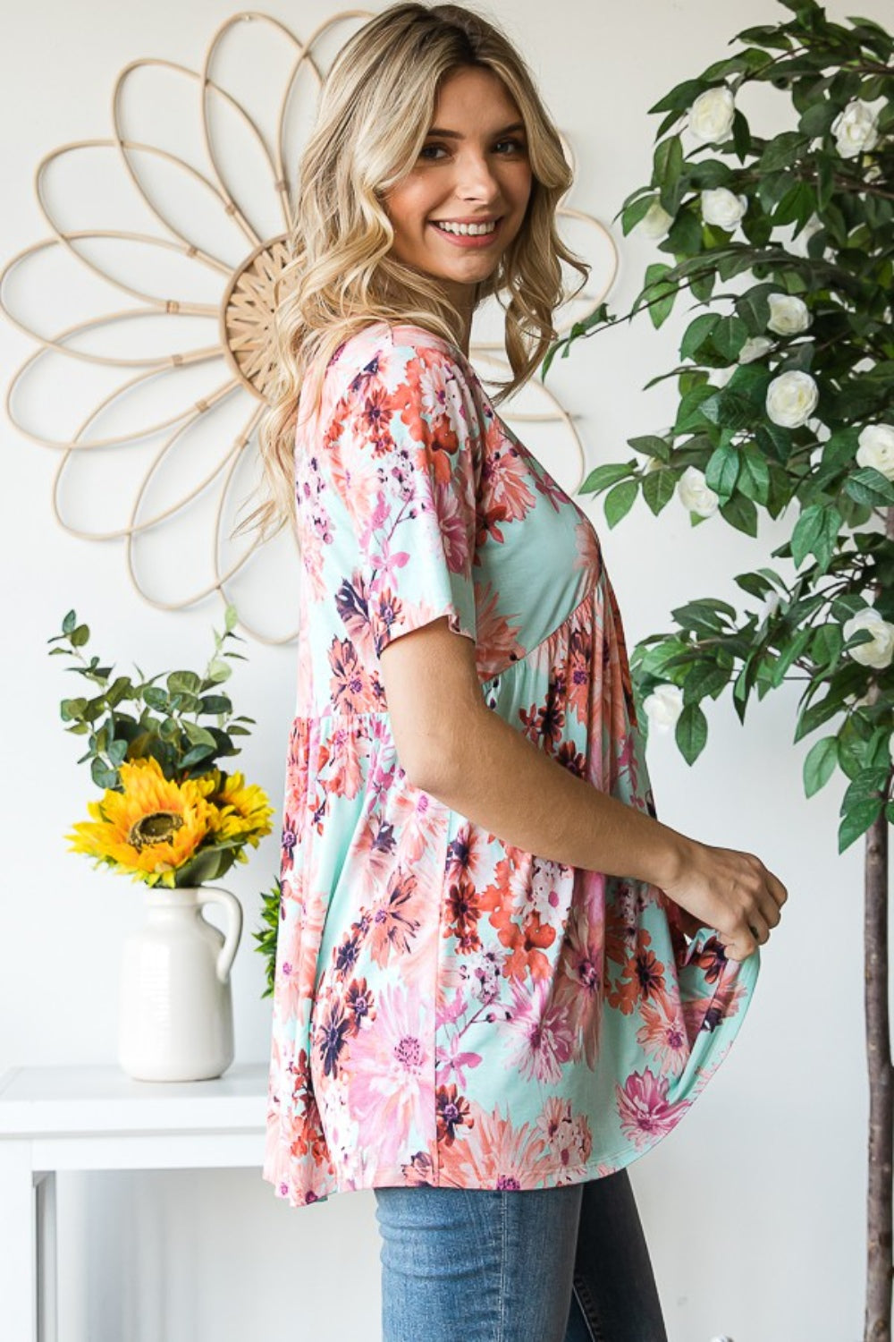 Heimish Full Size Floral V-Neck Short Sleeve Babydoll Blouse - Classique Collection