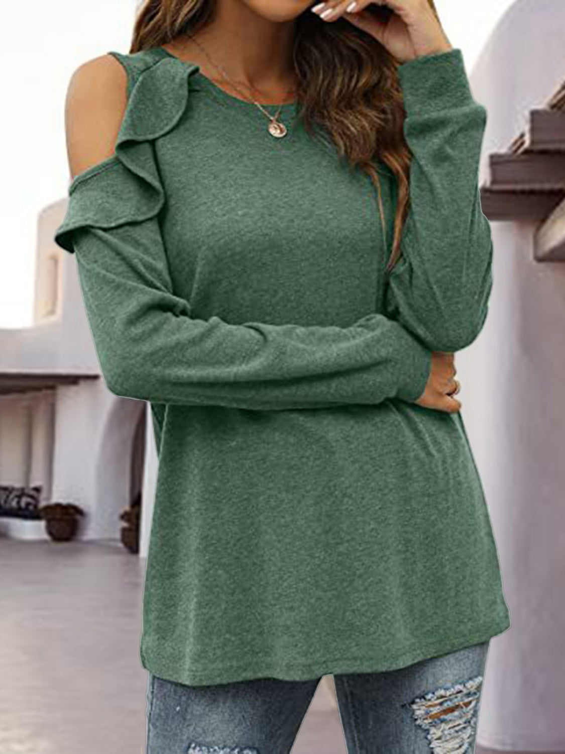 Round Neck Ruffled Cold-Shoulder Blouse - Classique Collection