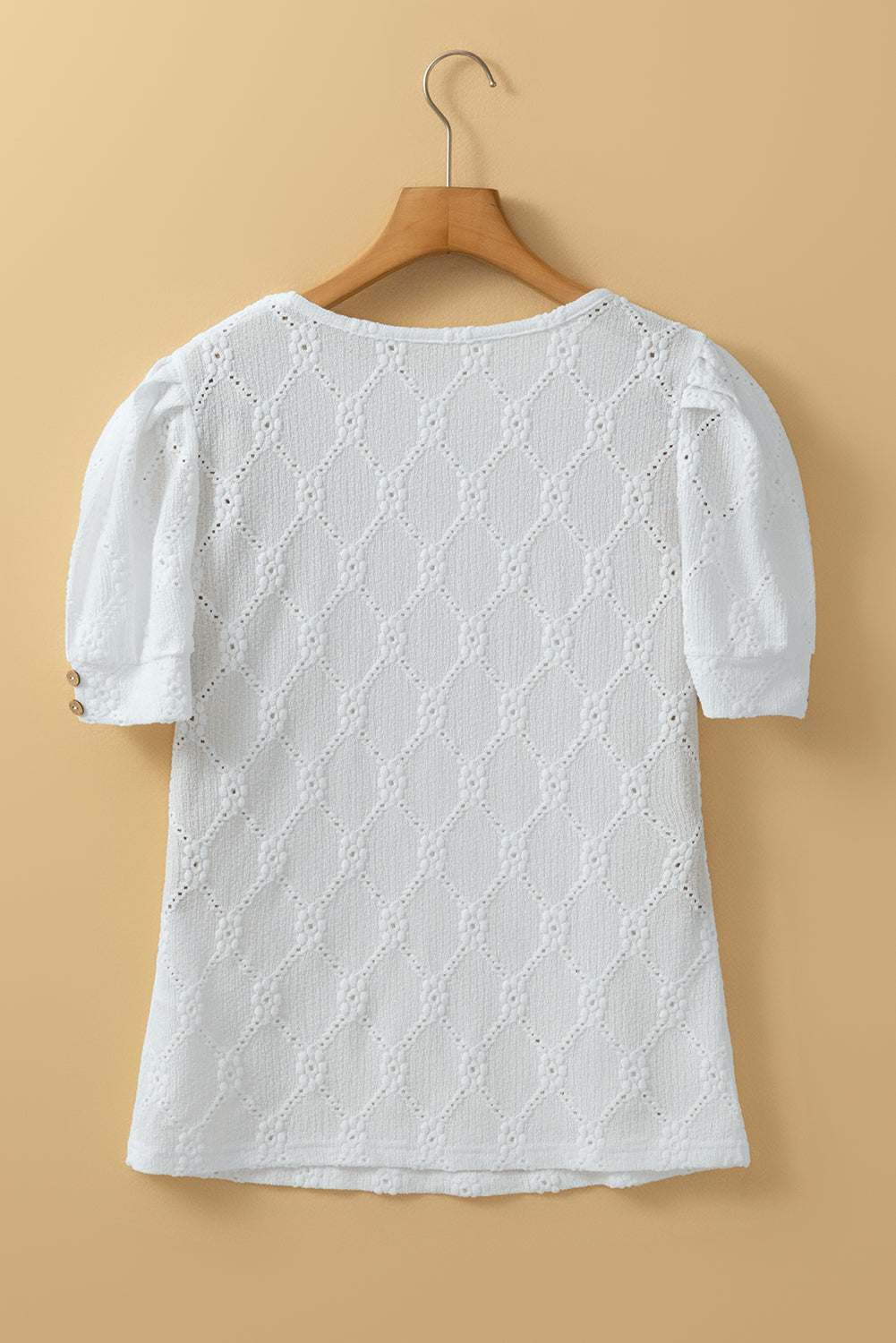 White Flower Geometric Textured Button Short Sleeve Top ClassiQ