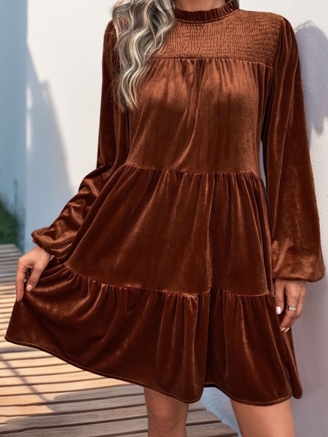 Perfee Tiered Ruched Mock Neck Long Sleeve Dress - Classique Collection