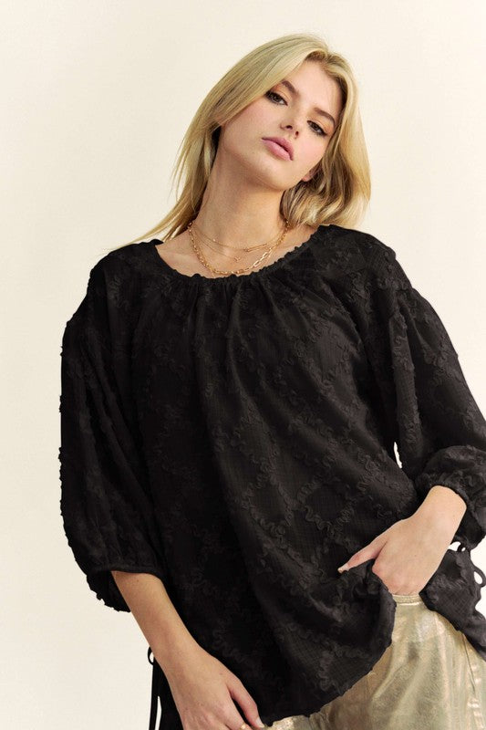 Davi & Dani Tied Round Neck Mesh Blouse - ClassiQ