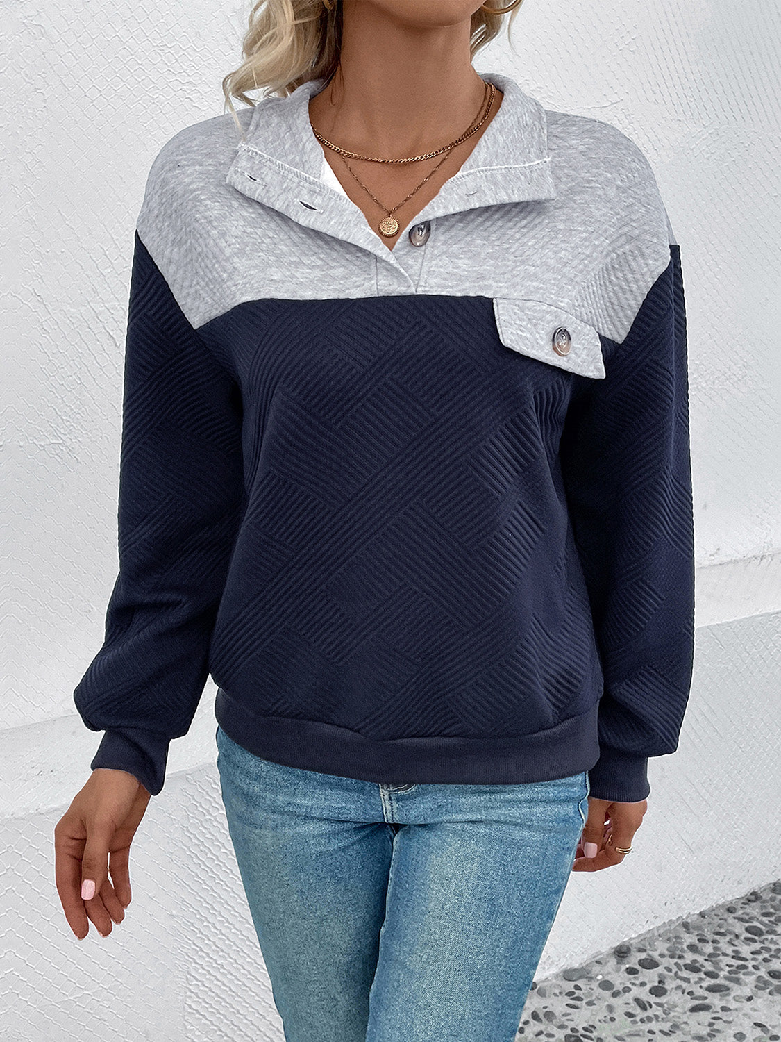 Perfee Textured Contrast Half Button Sweatshirt - Classique Collection