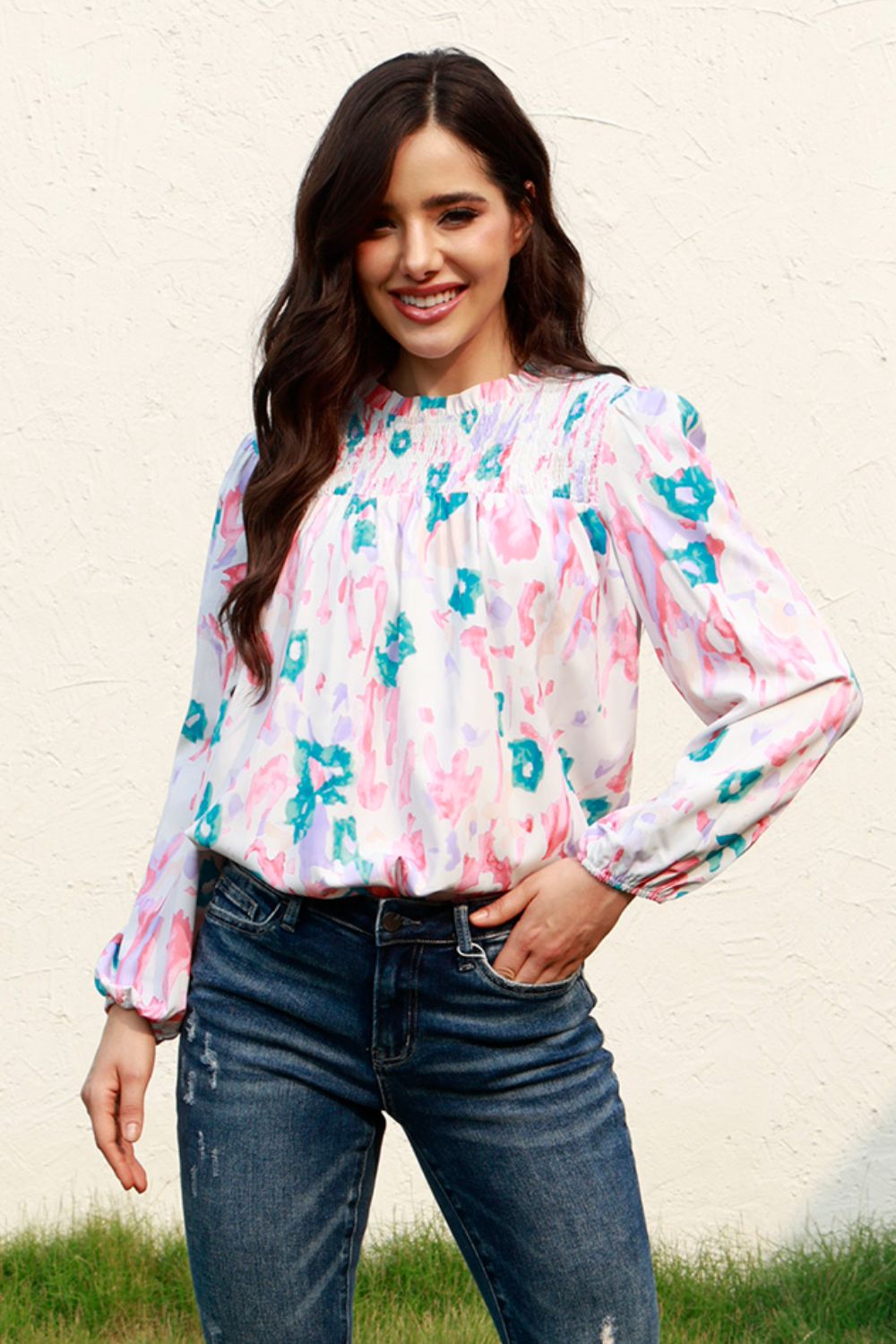 Floral Smocked Balloon Sleeve Round Neck Blouse - Classique Collection