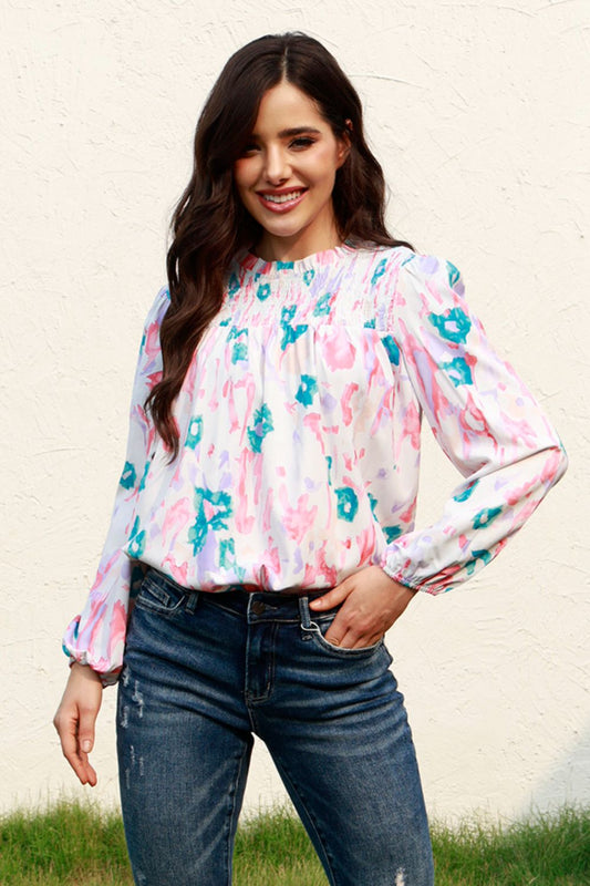 Floral Smocked Balloon Sleeve Round Neck Blouse - Classique Collection