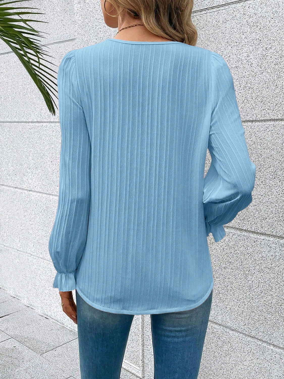 V-Neck Lace Detail Flounce Sleeve Blouse - Classique Collection