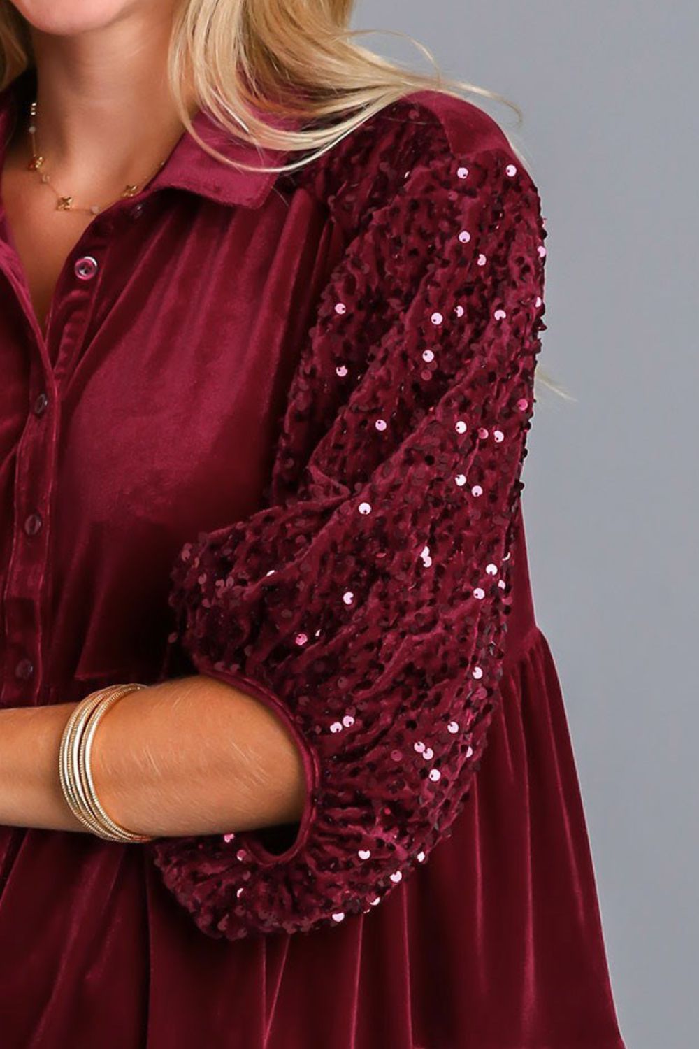 Umgee Sequin Detail Tiered Back Half Sleeve Shirt - Classique Collection