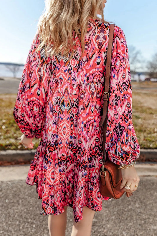 Tassel Printed Tie Neck Long Sleeve Dress - Classique Collection