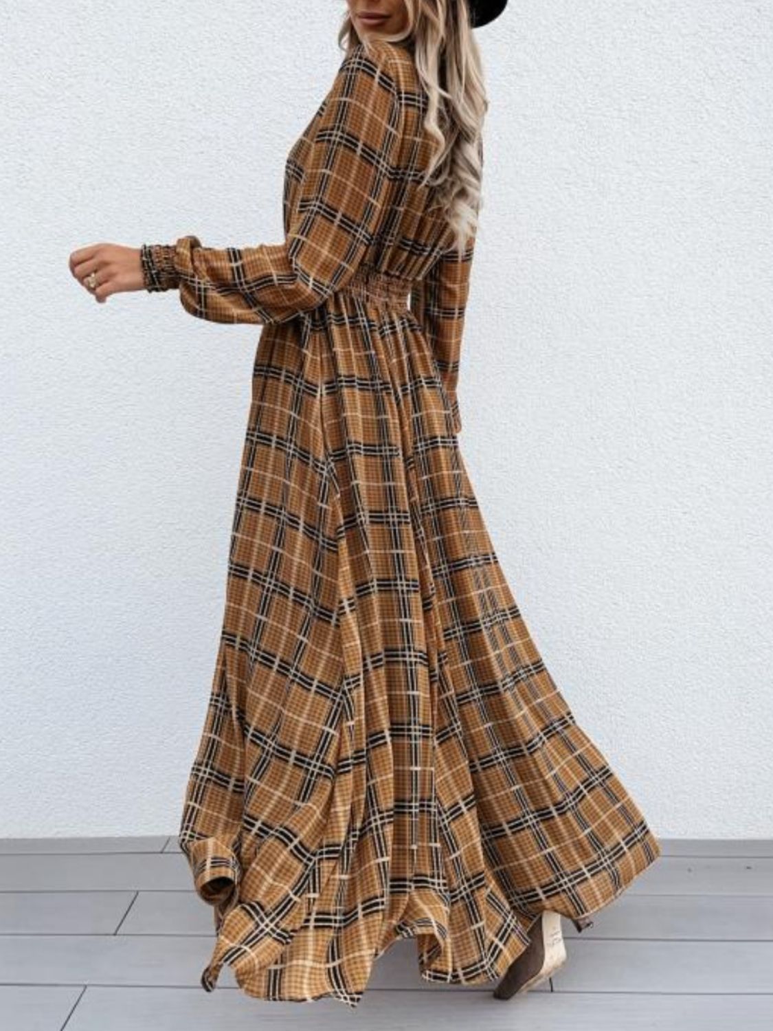 Slit Plaid Tie Neck Long Sleeve Maxi Dress - Classique Collection
