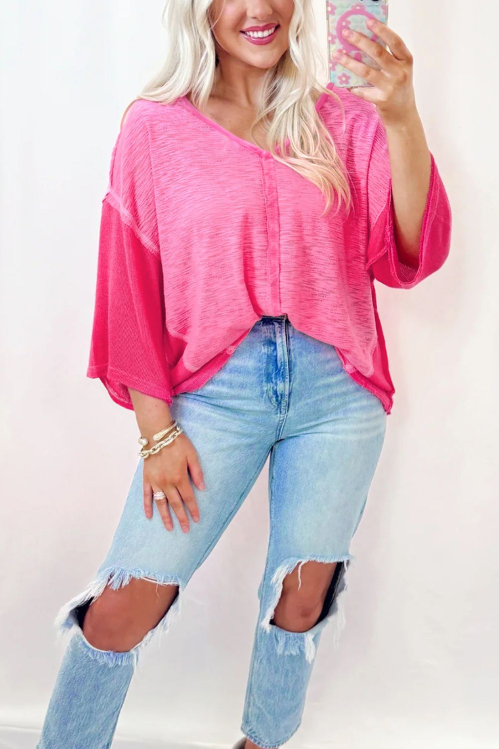 Exposed Seam V-Neck Three-Quarter Sleeve Blouse - Classique Collection