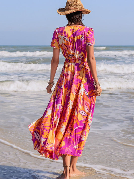Printed V-Neck Short Sleeve Midi Dress - Classique Collection