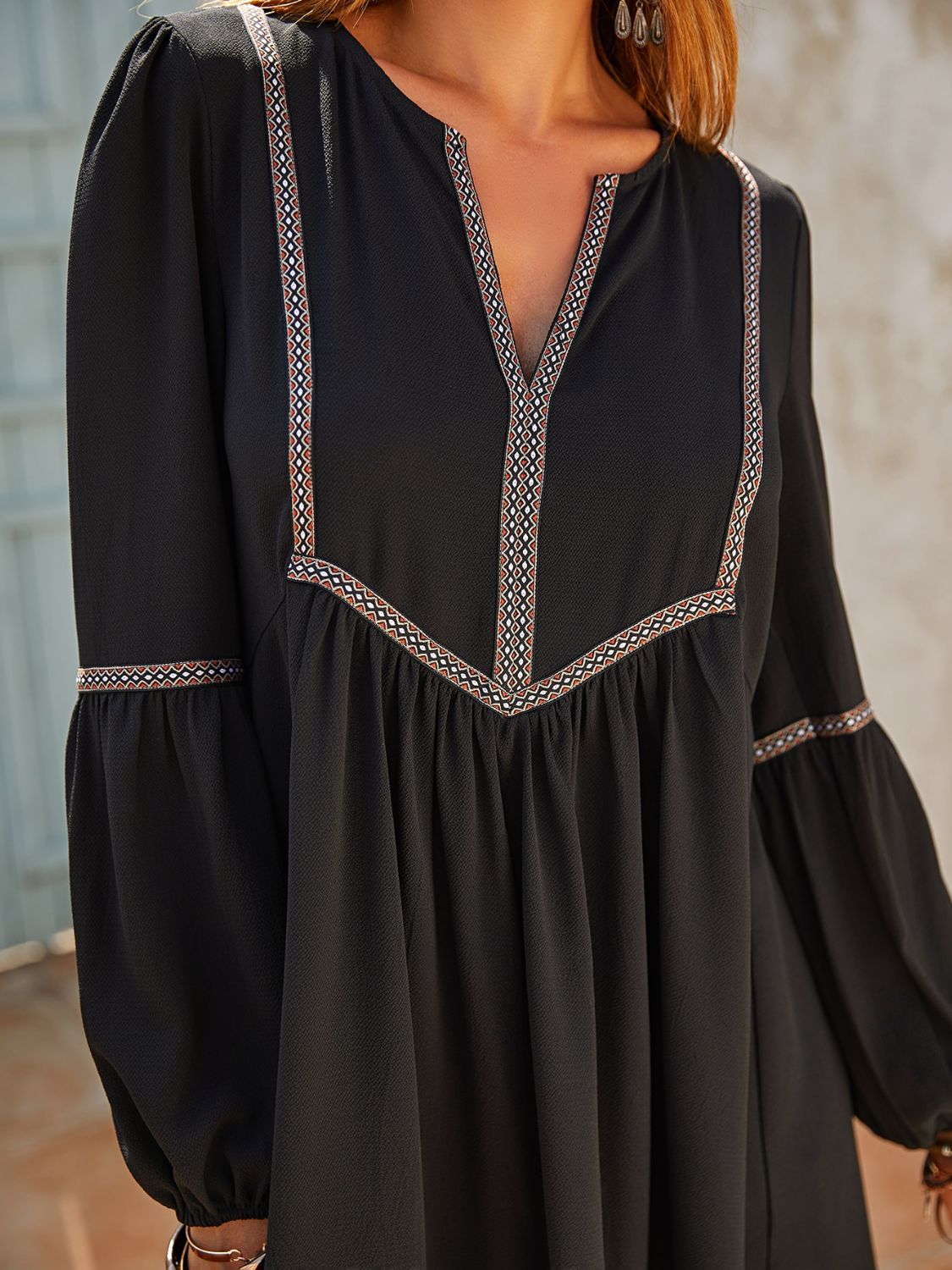 Ruched Notched Long Sleeve Mini Dress - Classique Collection