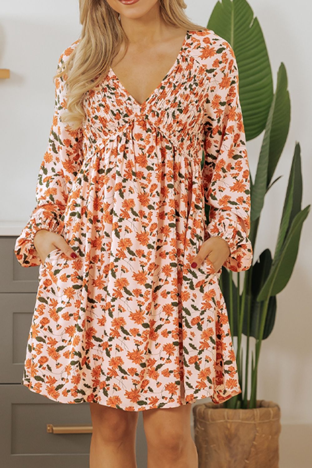 Smocked Printed V-Neck Long Sleeve Dress - Classique Collection