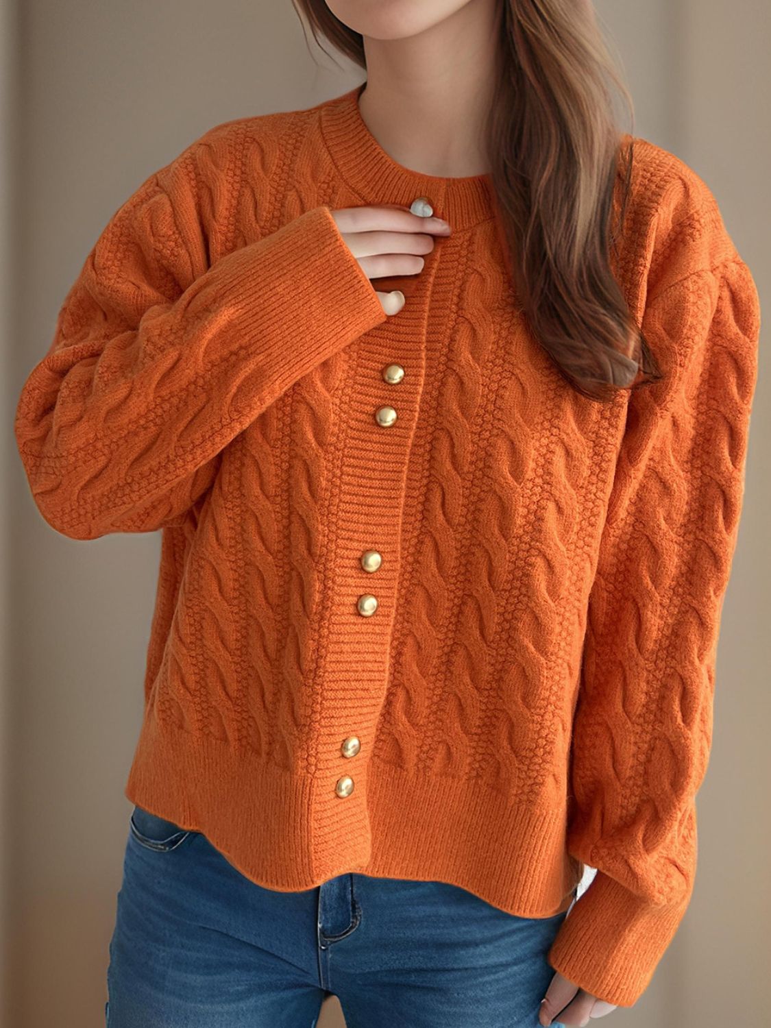 Cable-Knit Round Neck Long Sleeve Cardigan - ClassiQ