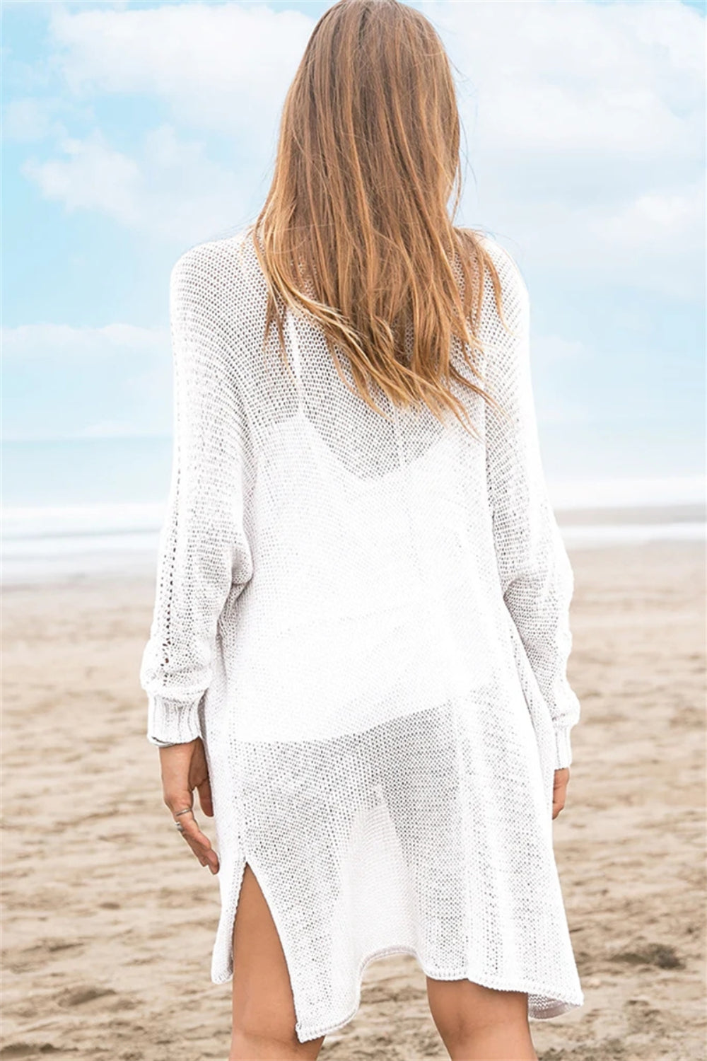 Openwork Side Slit Open Front Long Sleeve Cardigan - Classique Collection