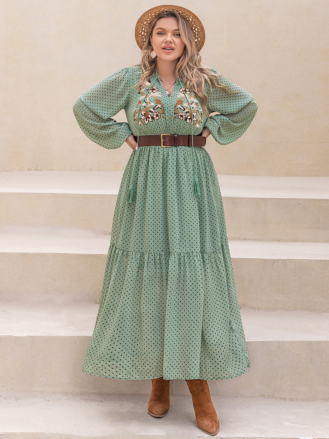 Plus Size Tassel Printed Tie Neck Long Sleeve Midi Dress - Classique Collection