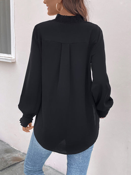 Perfee Smocked Notched Long Sleeve Blouse - ClassiQ